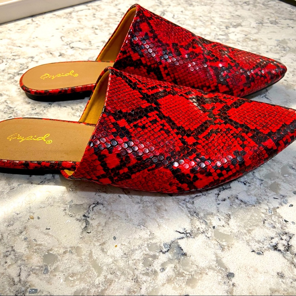 Rare red faux snakeskin mules